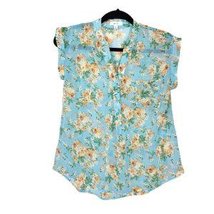 Mine Woman's Sz S Blue Sheer Rolled Sleeve‎ V Neck Blouse with Orange Floral Top